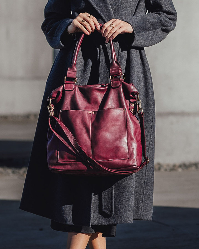 Torebka skórzana XL shopper vintage bag z kieszeniami vera pelle - MARCO MAZZINI burgund