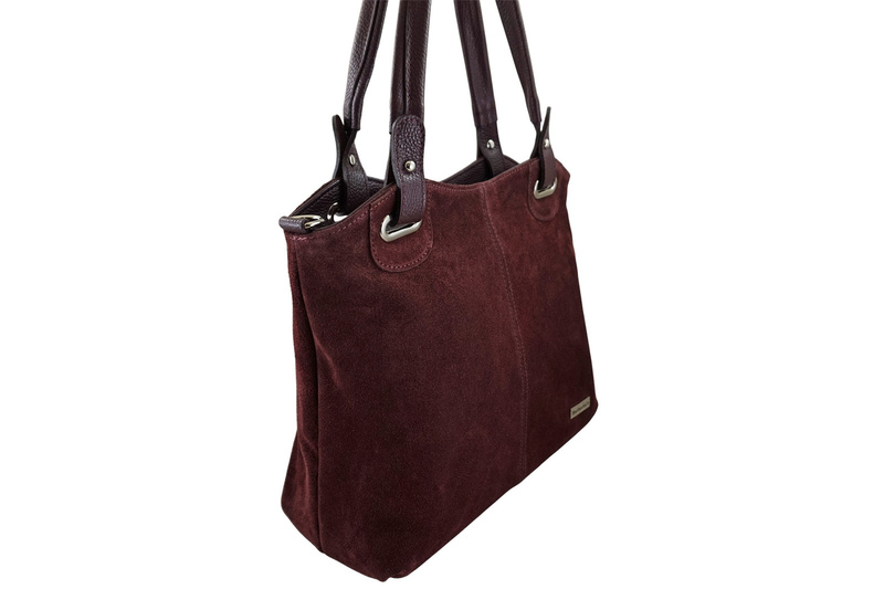 Duża elegancka torebka z naturalnej skóry i zamszu - Bordowa