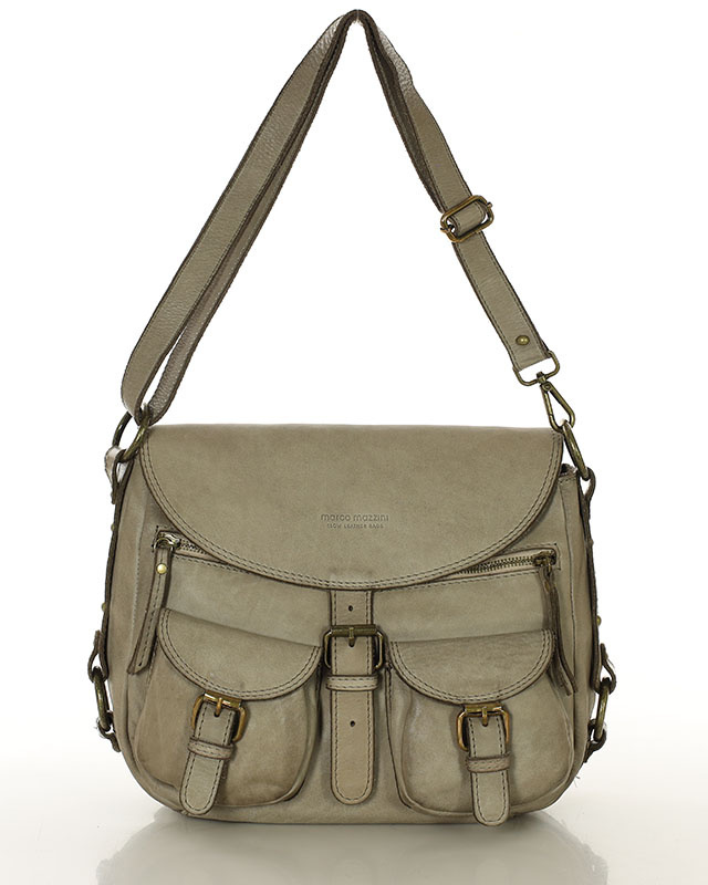 MARCO MAZZINI Skórzana torebka listonoszka z kieszeniami safari handmade bag beż