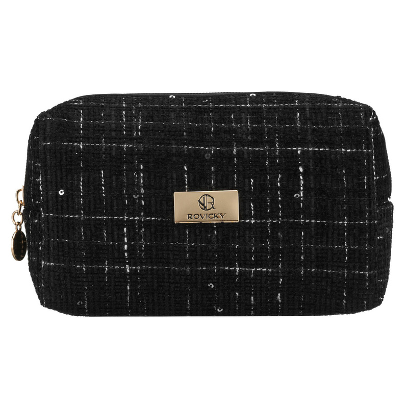Czarna, pojemna kosmetyczka damska wykonana z materiału syntetycznego, zamykana suwakiem - Rovicky