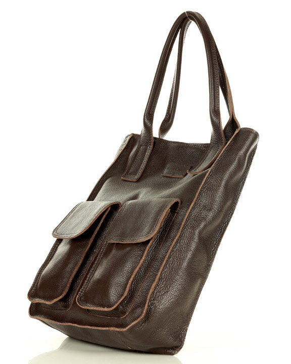 Torebka skórzany shopper bag z kieszeniami - MARCO MAZZINI Ravenna ciemny brąz caffe