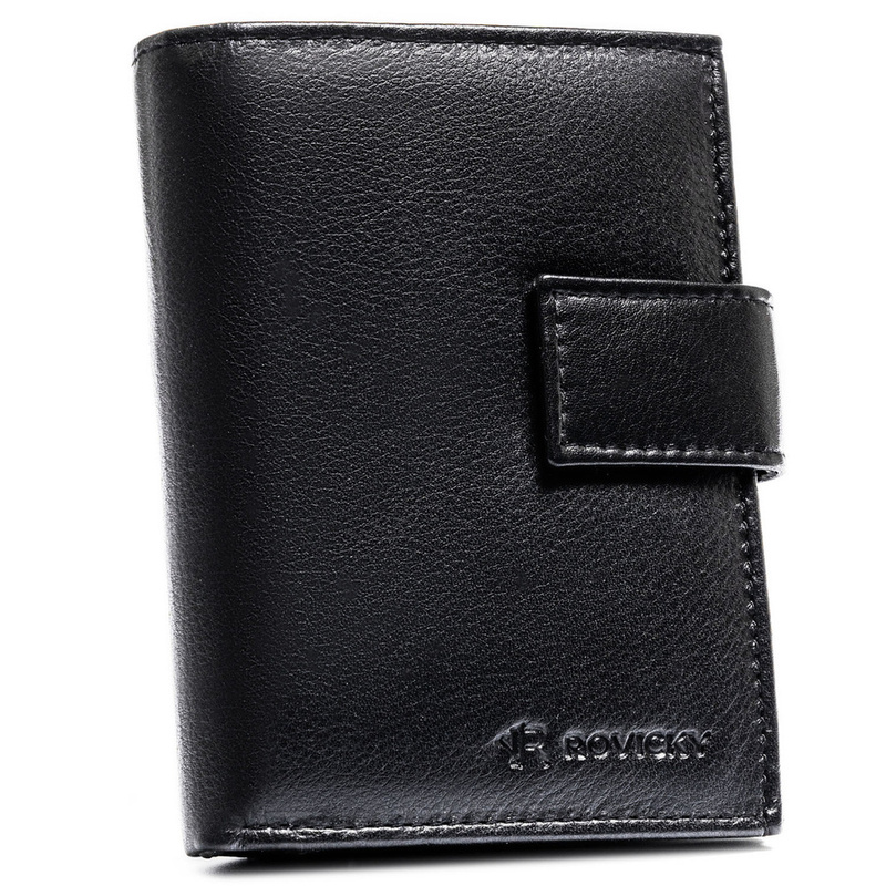 Duży portfel męski ze skóry naturalnej w czarnym kolorze, mieszczący dowód rejestracyjny i zamykany na zatrzask - Rovicky