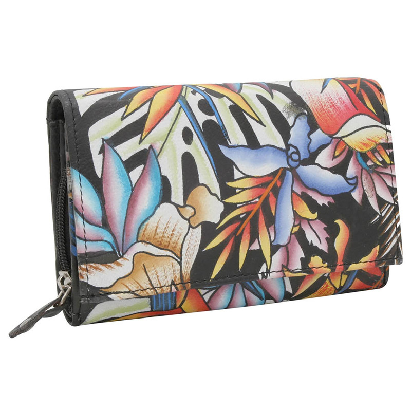 Rovicky Pojemny skórzany portfel damski na zatrzask roślinny wzór