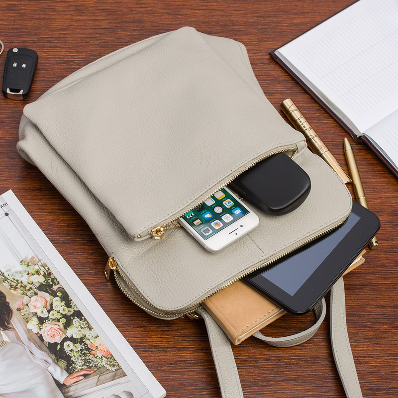 Skórzany plecak damski torba 2w1 elegancki A4 włoski pojemny jasno-szary Vera Pelle S40