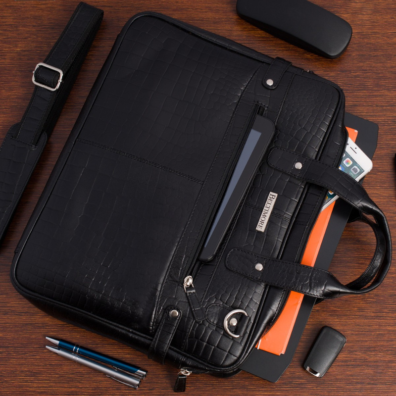 Torba skórzana elegancka croco laptop 15"6 aktówka czarna A4 S17