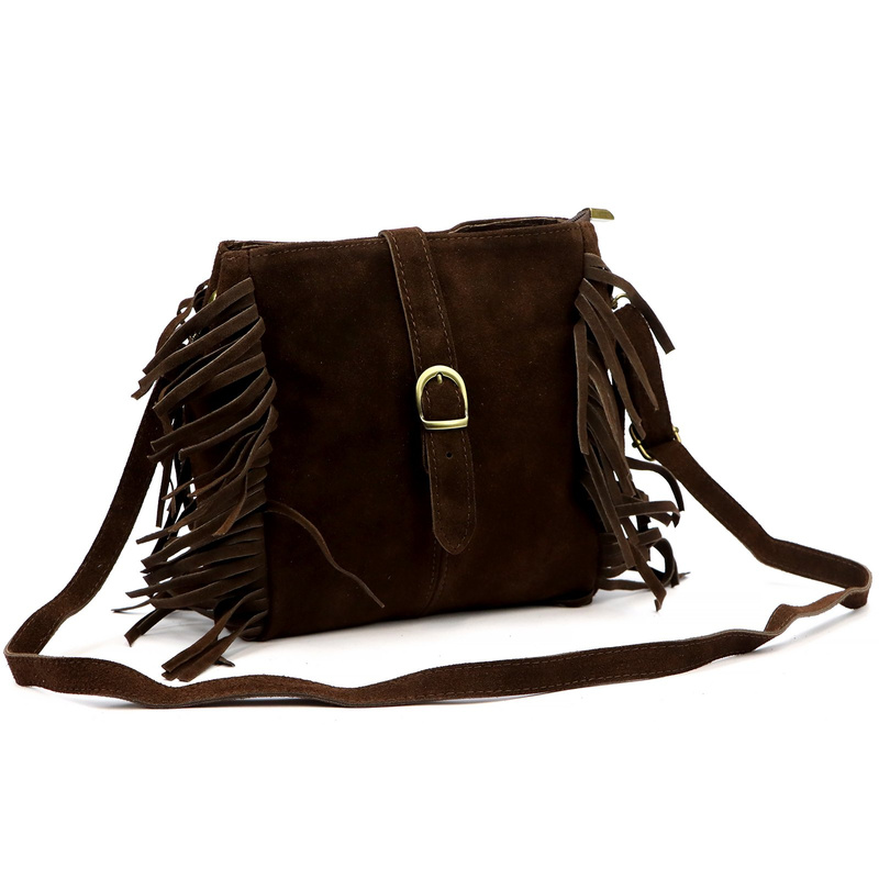 Zamszowa damska listonoszka torebka skórzana przez ramię z frędzlami Luka