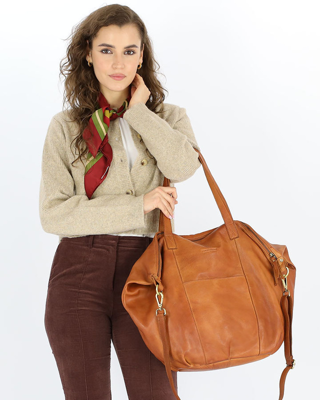 Torba damska skórzana shopper z kieszeniami - It bag MARCO MAZZINI brąz camel