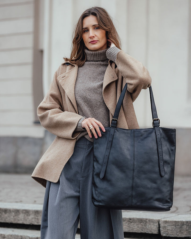 Torebka damska shopper z regulacją rączek skóra old pelle - MARCO MAZZINI czarny