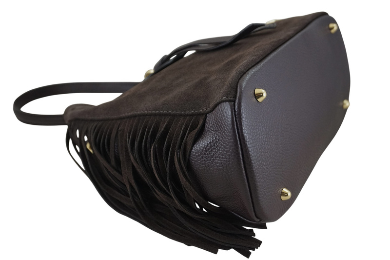 Skórzana torebka boho z frędzlami - Brązowa ciemna