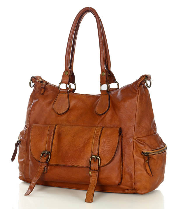 Pojemna torba damska na ramię z kieszeniami skóra naturalna - MARCO MAZZINI brąz camel