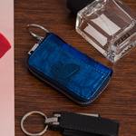 Skórzane etui na klucze skóra naturalna damskie pojemne F19 niebieskie motyle