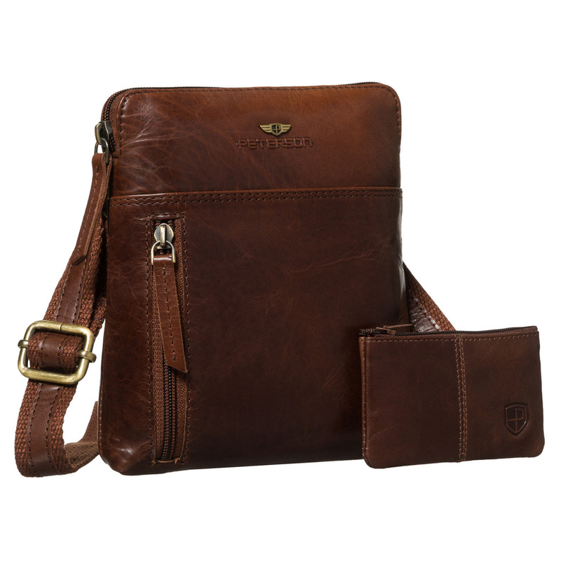 Listonoszka męska ze skóry naturalnej w brązowym kolorze, jednokomorowa i zamykana suwakiem - Peterson