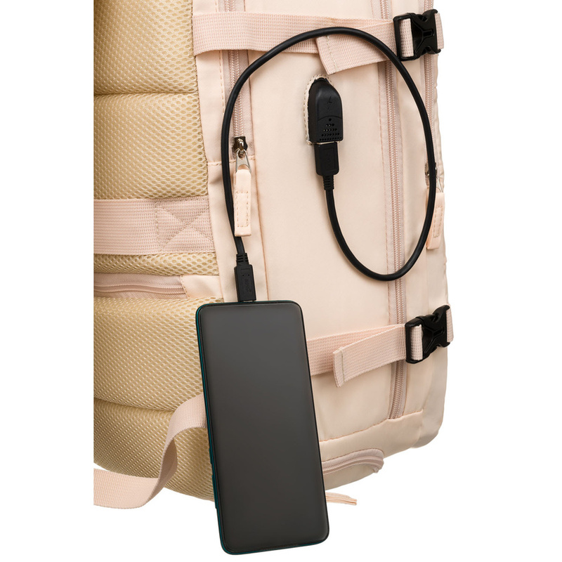 Plecak podróżny z portem USB wykonany z poliestru w beżowym kolorze - Peterson