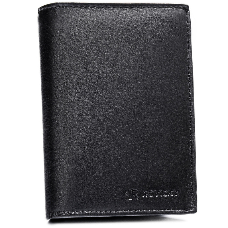Duży portfel męski ze skóry naturalnej w czarnym kolorze, mieszczący dowód rejestracyjny - Rovicky