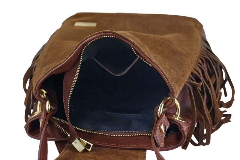 Skórzana torebka boho z frędzlami - Brązowa