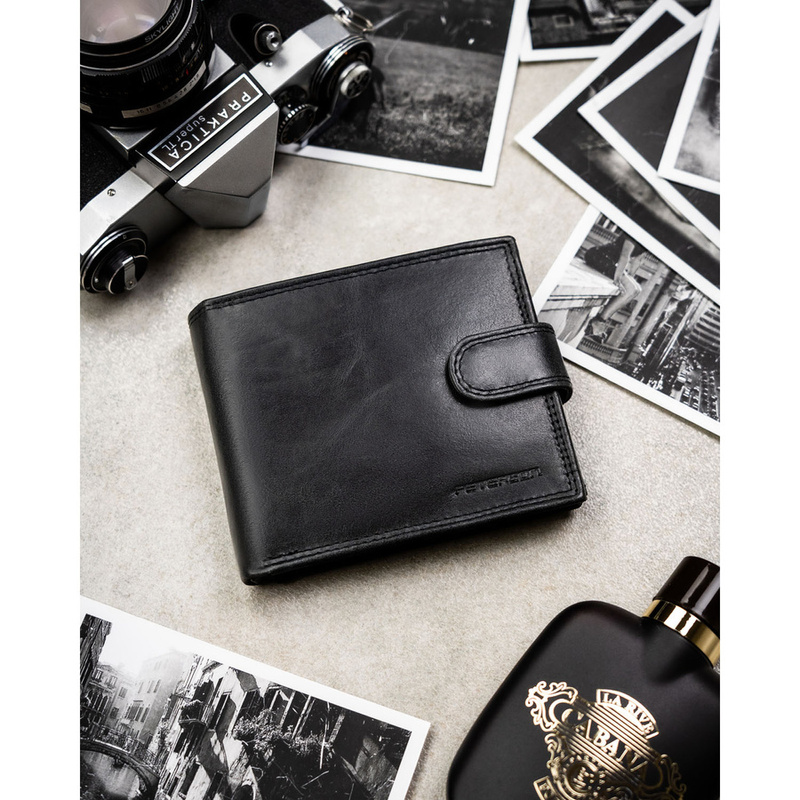 Skórzany portfel męski w czarnym kolorze, wyposażony w system RFID i zamykany zatrzaskiem - Peterson
