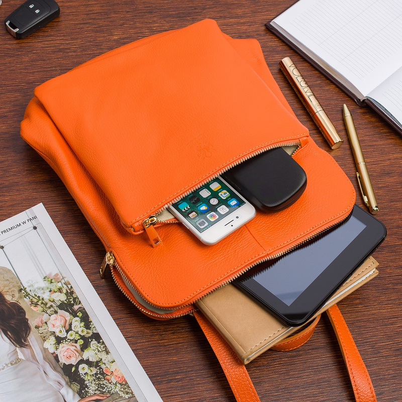 Skórzany plecak damski torba 2w1 elegancki A4 włoski pojemny pomarańczowy Vera Pelle S40