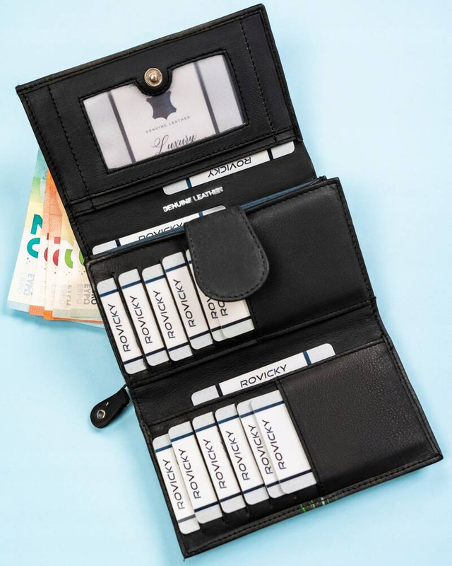 Rovicky Pojemny skórzany portfel damski na zatrzask roślinny wzór