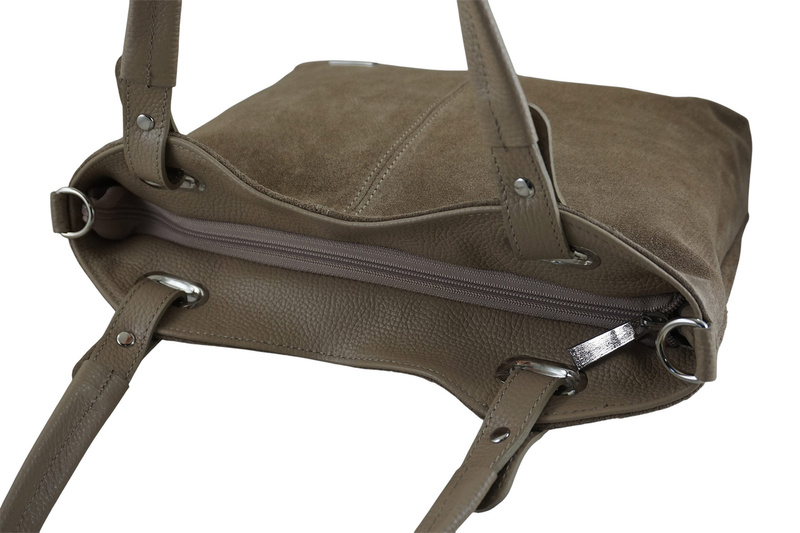 Duża elegancka torebka z naturalnej skóry i zamszu - Beżowa