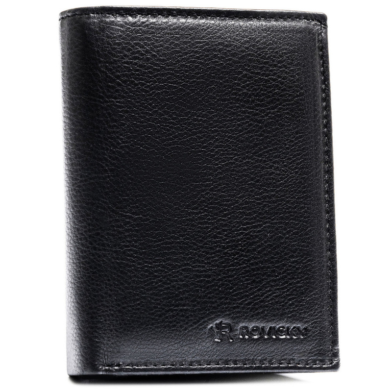 Duży, pionowy portfel męski ze skóry naturalnej w czarnym kolorze, mieszczący dowód rejestracyjny - Rovicky