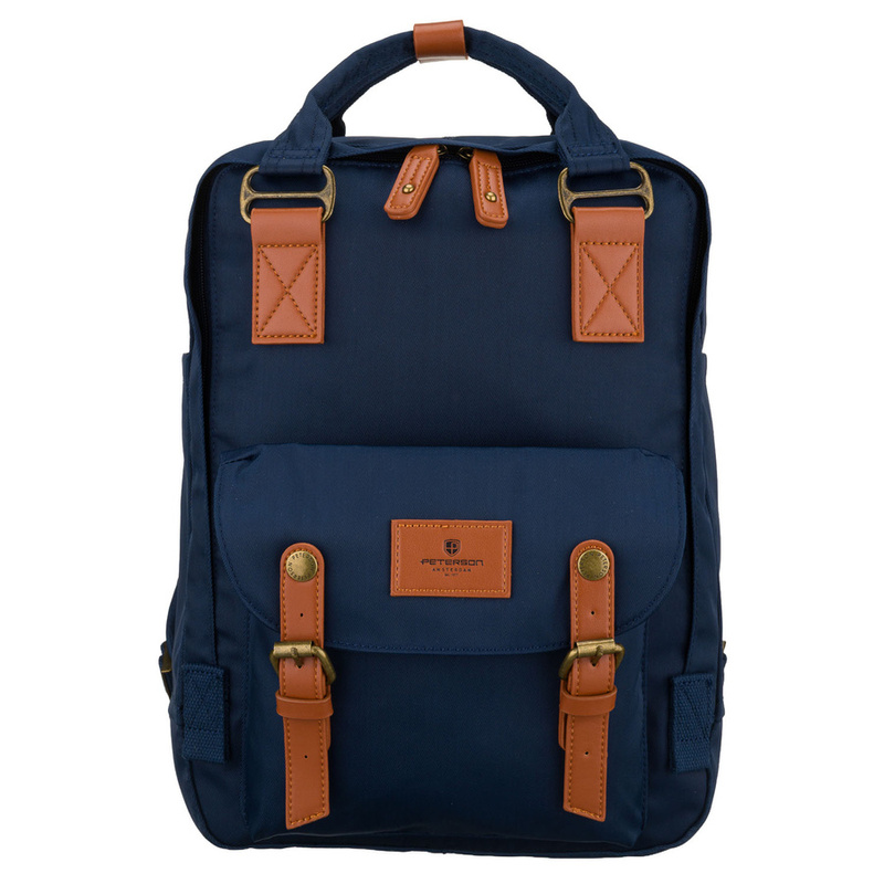 Granatowo-brązowy plecak damski z poliestru i skóry ekologicznej, zamykany suwakiem - Peterson