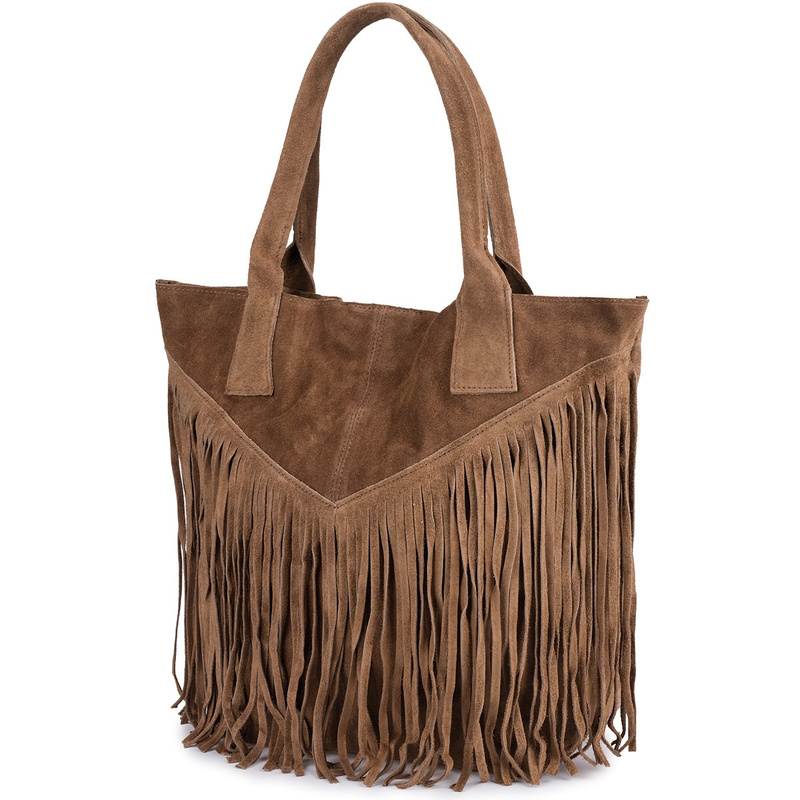 Torebka damska skórzana zamszowa A4 frędzel duża taupe L83