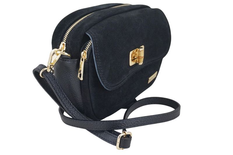 Mała zamszowa listonoszka ze złotym zapięciem - Czarna