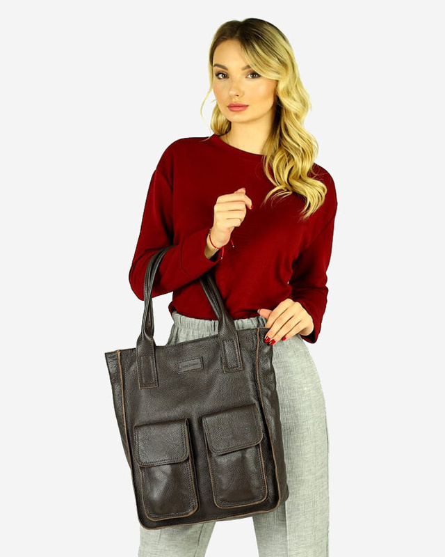 Torebka skórzany shopper bag z kieszeniami - MARCO MAZZINI Ravenna ciemny brąz caffe