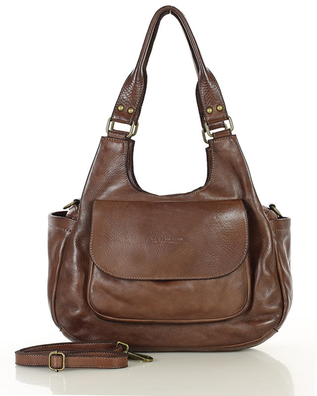 Włoska torebka skórzana z kieszenią z przodu retro bag handmade - MARCO MAZZINI czekoladowy brąz
