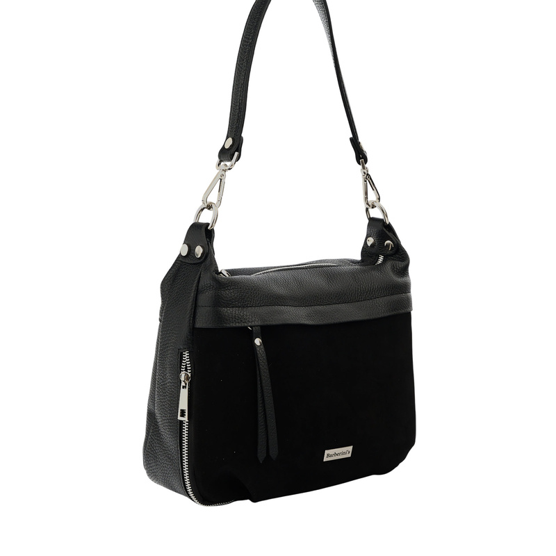 Skórzana torebka z zamszowym akcentem - Czarna