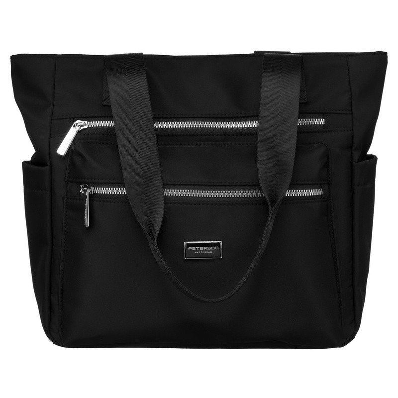 Duża, nylonowa torebka damska w czarnym kolorze zawieszona na wygodnych uchwytach - Peterson