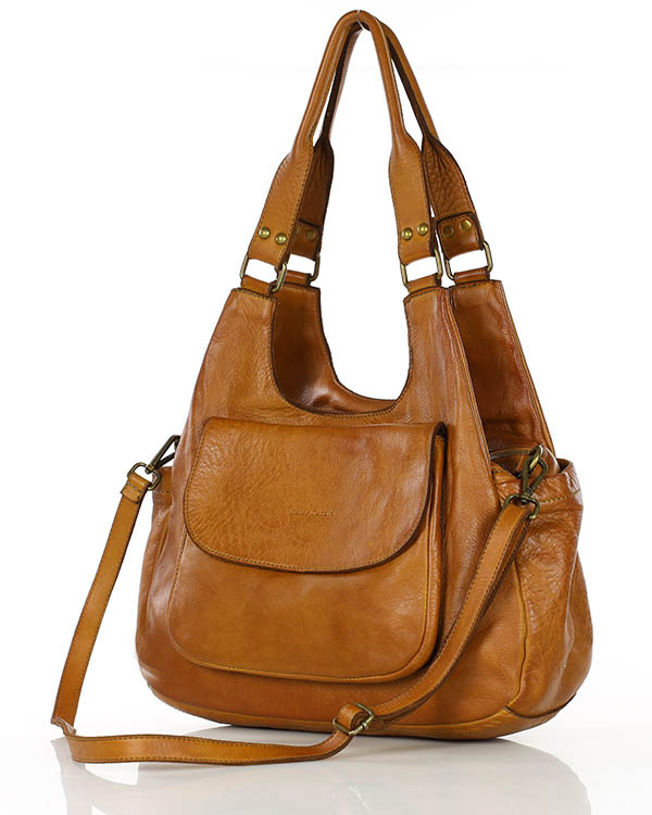 Włoska torebka skórzana z kieszenią z przodu retro bag handmade - MARCO MAZZINI brąz camel
