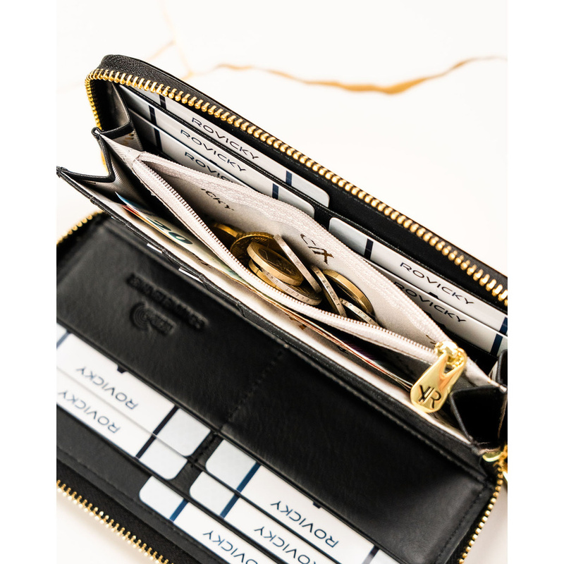 Czarny portfel-piórnik damski z lakierowanej skóry naturalnej wyposażony w system RFID - Rovicky