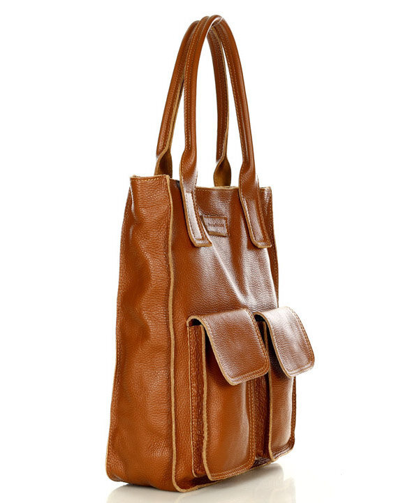 Torebka skórzany shopper bag z kieszeniami - MARCO MAZZINI brąz karmel