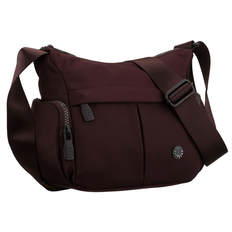 Bordowa listonoszka damska z poliestru zawieszona na szerokim pasku, dwukomorowa - Peterson