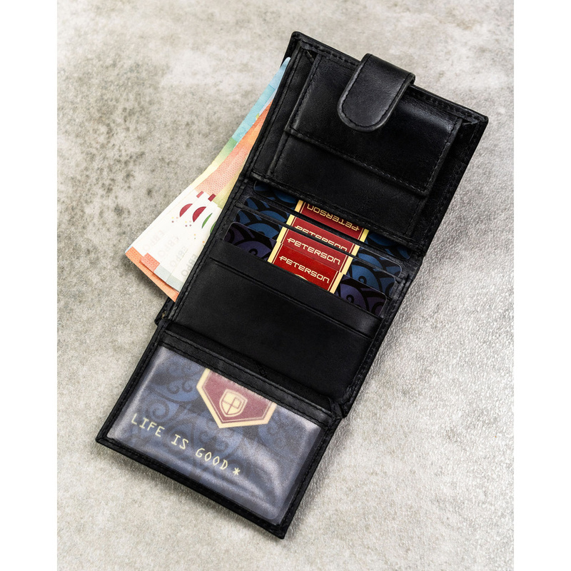 Czarny portfel męski ze skóry naturalnej wyposażony w system RFID, zamykany zatrzaskiem - Peterson