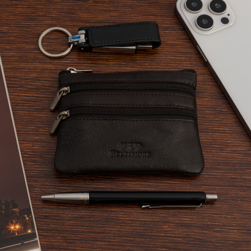 Wiśniowe skórzane etui na klucze trzy komory kluczówka E45