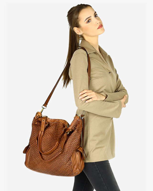 Miejska torebka z regulowanymi rączkami shopper pleciona skóra handmade - MARCO MAZZINI brąz karmel