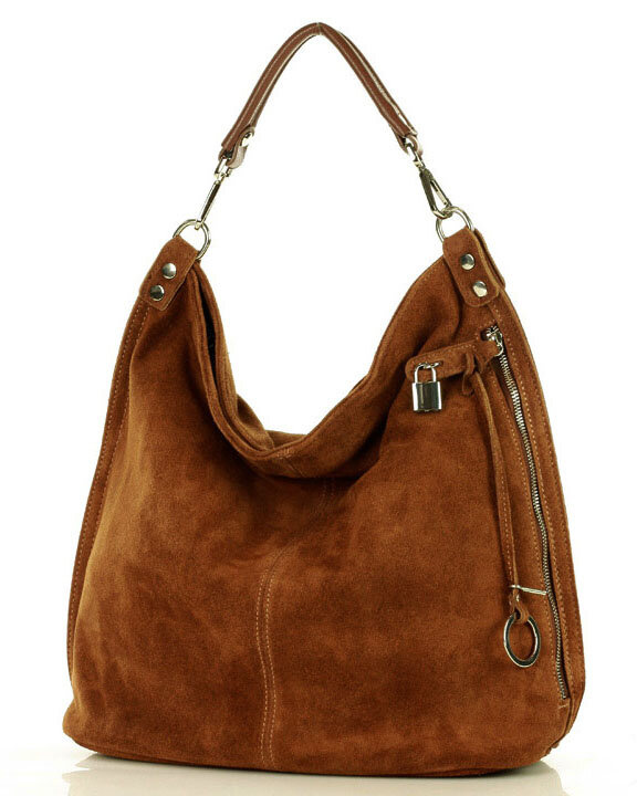 Torebka skórzana ponadczasowy design worek na ramię XL hobo leather bag - MARCO MAZZINI nubuk brąz migdałowy