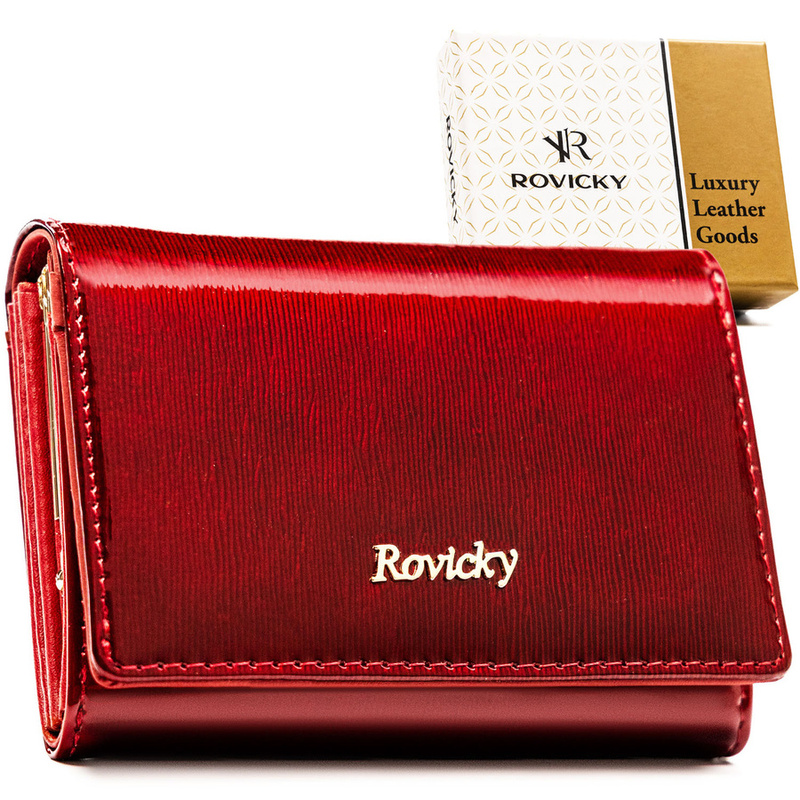 Portfel damski z lakierowanej skóry naturalnej w czerwonym kolorze zamykany na zatrzask i bigiel - Rovicky