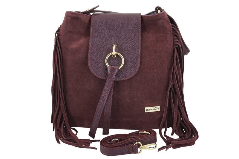 Skórzana torebka boho z frędzlami - Bordowa