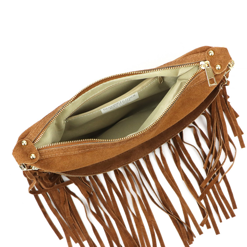 Luka Zamszowa damska listonoszka skórzana z frędzlami torebka na ramię