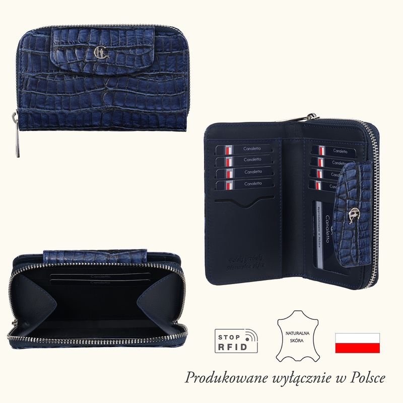 Damski portfel skórzany Canaletto – granatowy croco z RFID | Elegancja i bezpieczeństwo PD1445s285 RFID