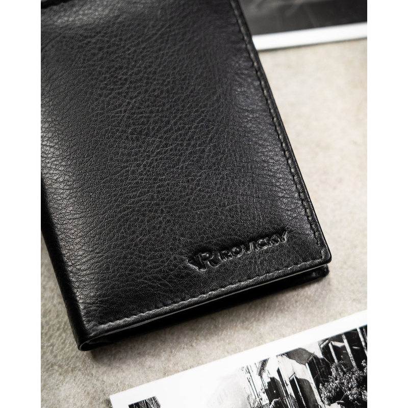 Czarny portfel męski ze skóry naturalnej mieszczący dowód rejestracyjny - Rovicky