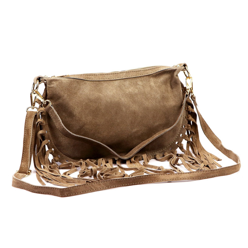 Luka Zamszowa damska listonoszka skórzana z frędzlami torebka na ramię