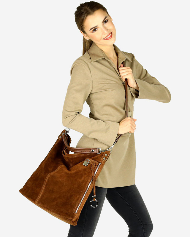 Torebka skórzana ponadczasowy design worek na ramię XL hobo leather bag - MARCO MAZZINI nubuk brąz migdałowy