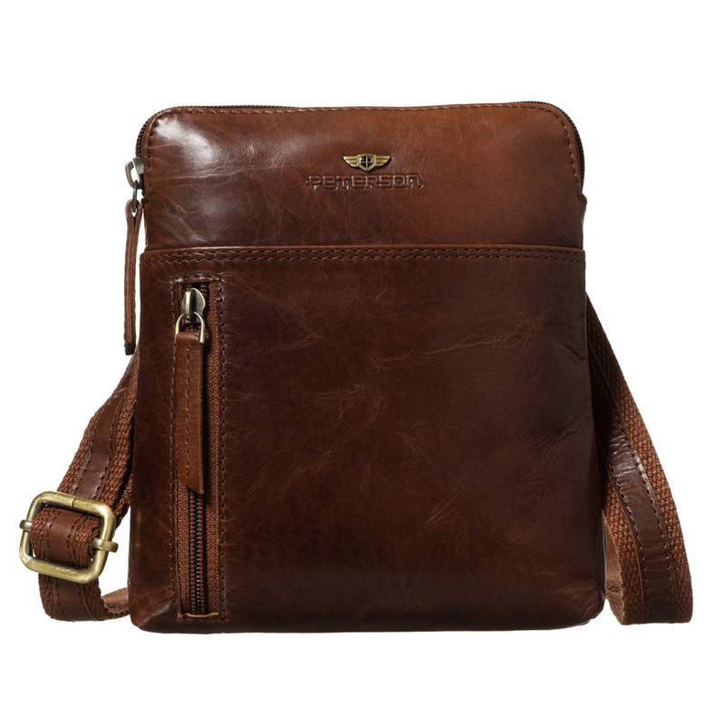 Listonoszka męska ze skóry naturalnej w brązowym kolorze, jednokomorowa i zamykana suwakiem - Peterson