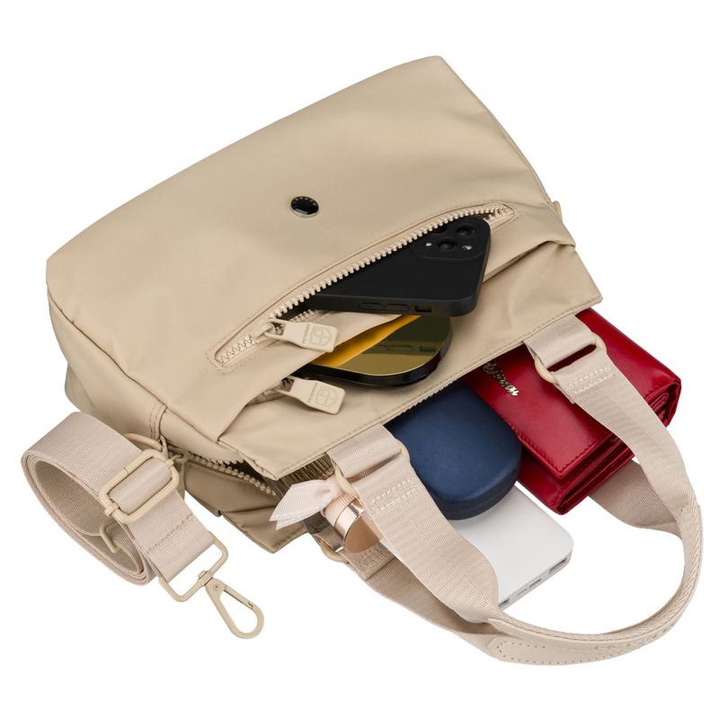 Beżowa, praktyczna listonoszka damska z poliestru zawieszona na uchwytach i doczepianym pasku - Peterson