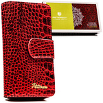 Czerwony portfel damski ze skóry naturalnej zamykany na suwak i zatrzask, wyposażony w system RFID - Peterson