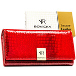 Lakierowany portfel damski ze skóry naturalnej w czerwonym kolorze zamykany na zatrzask - Rovicky